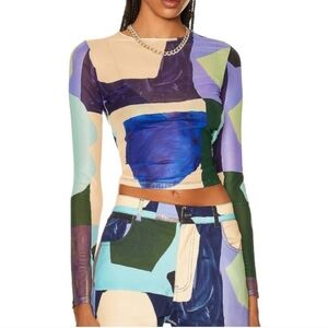 Miaou | Long Sleeve Sheer Mesh Top Size L In Abstraction Paint-Splatter